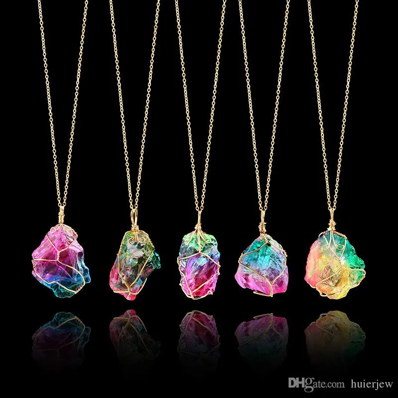 Chakra Rock Rainbow Stone Resin Necklace Pendant With Crystal Quartz  Healing Point And Gold Chain From Huierjew, $2.28